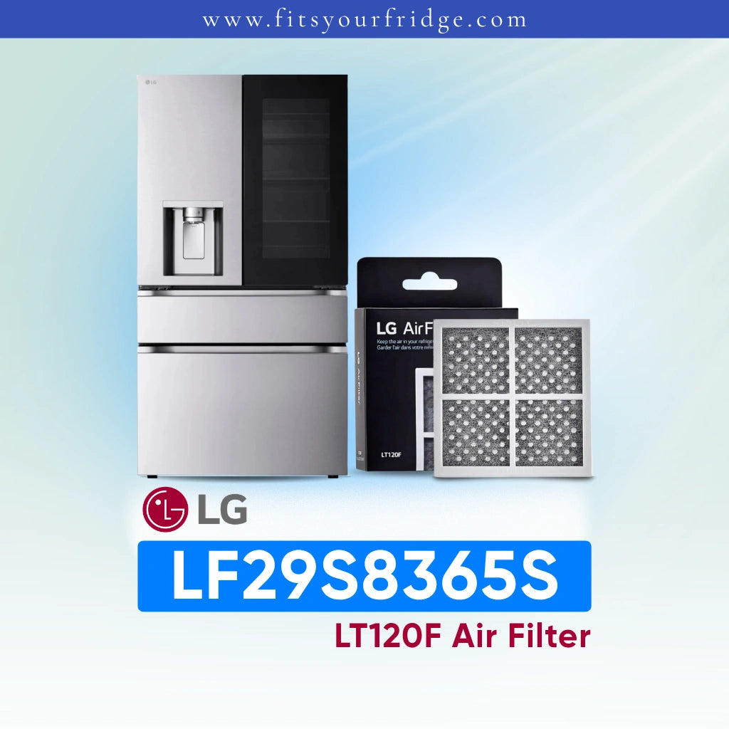 LG refrigerator LF29S8365S with air filter packaging on a light blue background