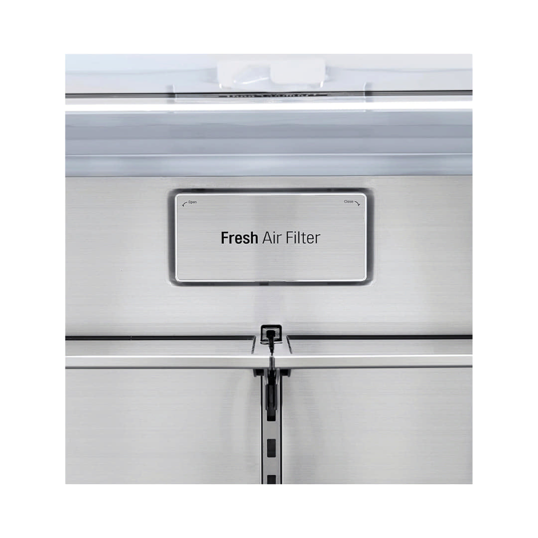 LG Refrigerator Model Number LFXS28596S Fresh Air Filter labeled on a refrigerator with a white background