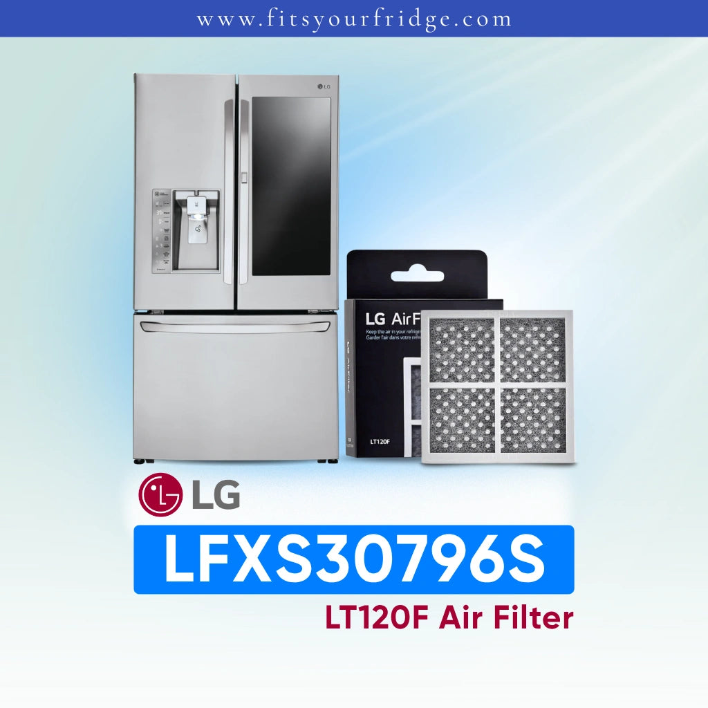 LG refrigerator LFXS30796S with air filter packaging and product code on a light blue background