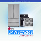 LG refrigerator LMWS27626S with air filter packaging on a light blue background