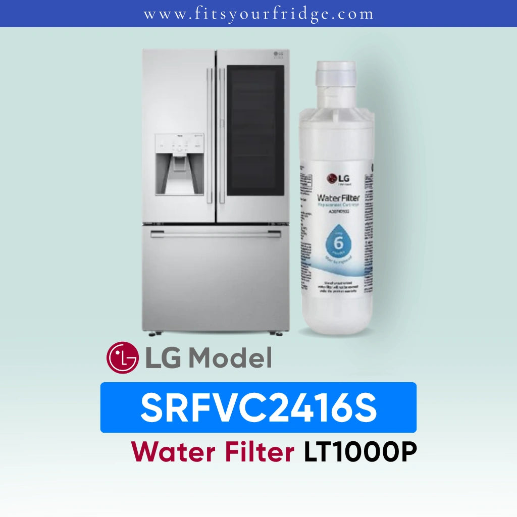 LG SRFVC2416S refrigerator with water filter and bottle on a light blue background
