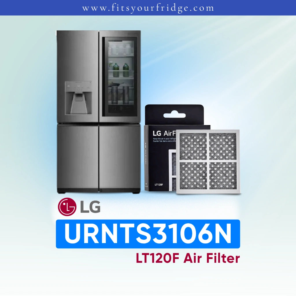LG URNTS3106N refrigerator with air filter packaging on a light blue background