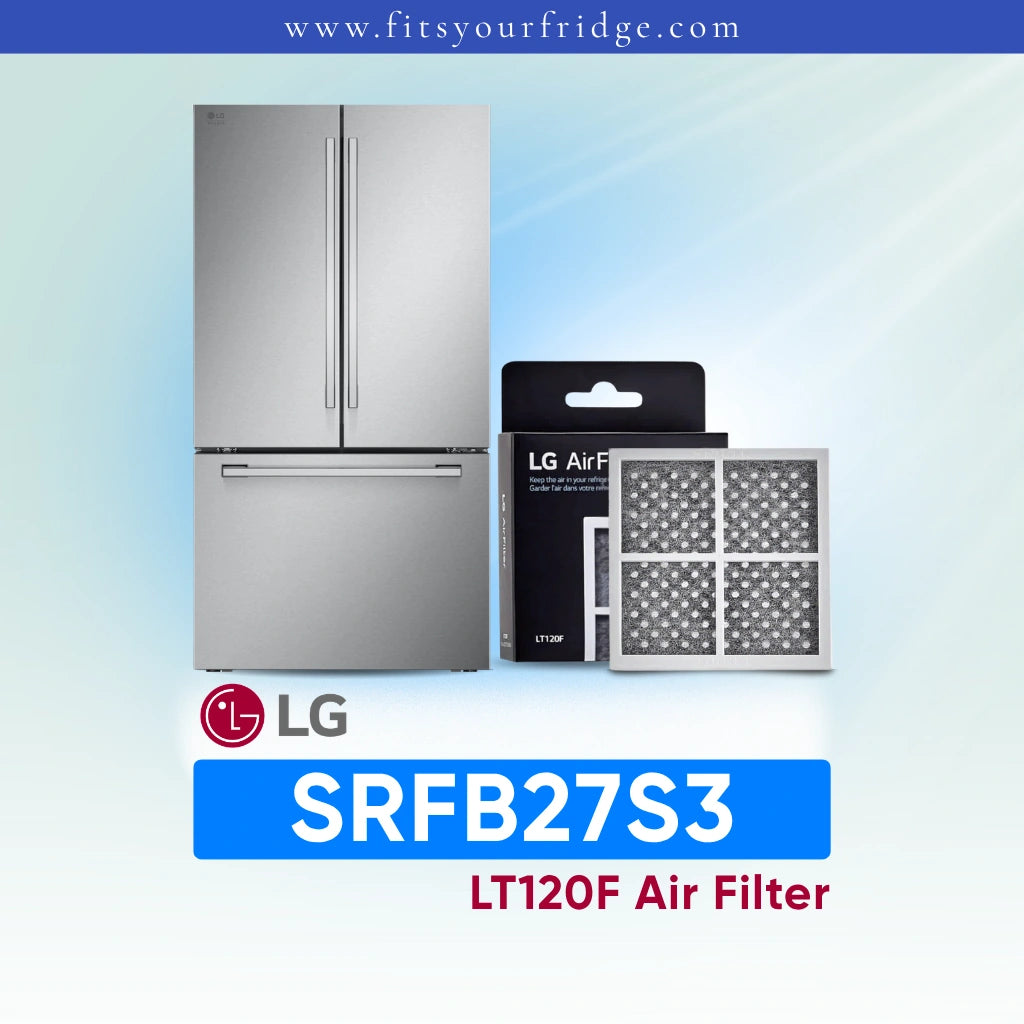 LG refrigerator SRFB27S3 with air filter packaging on a light blue background