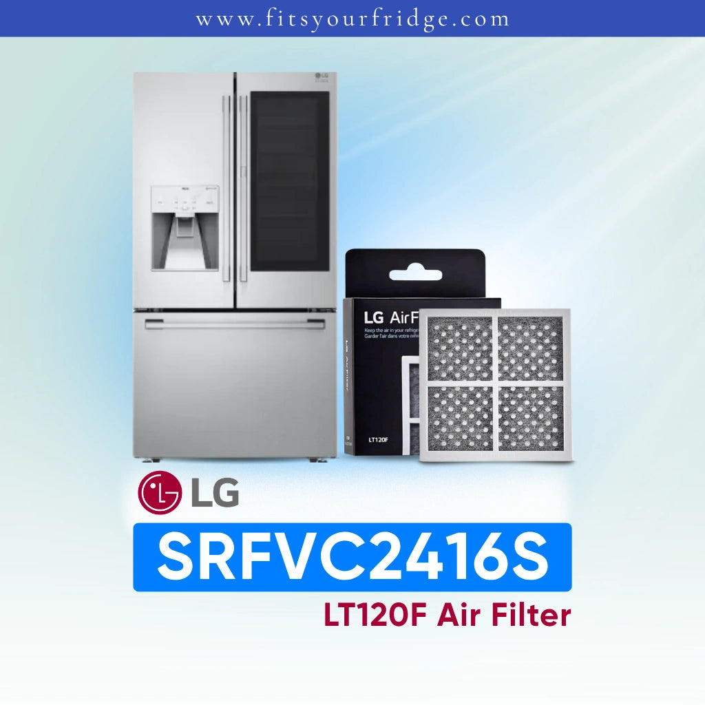 LG studio refrigerator SRFVC2416S with air filter packaging and product code on a light blue background