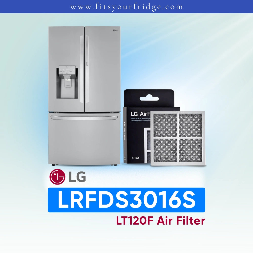 LG refrigerator LRFDS3016S with air filter packaging on a light blue background
