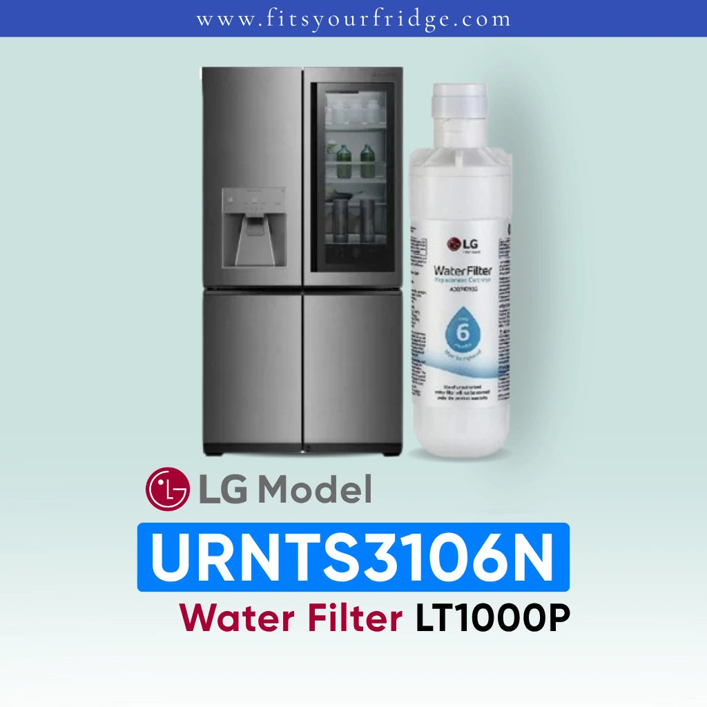 LG URNTS3106N refrigerator with water filter on a light blue background