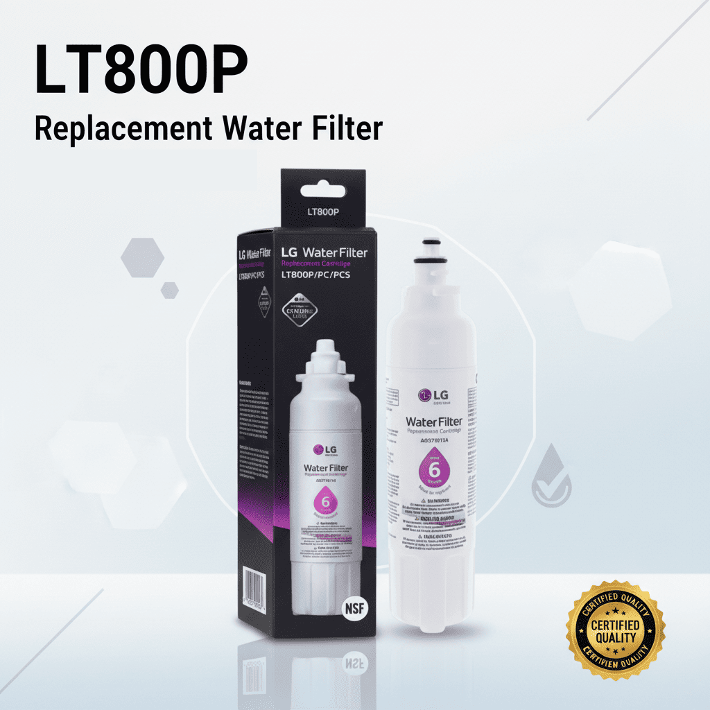 LG LT800P replacement water filter with packaging on a light gray background