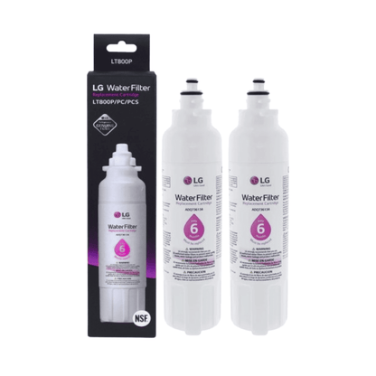 Two LG water filters with packaging on a white background