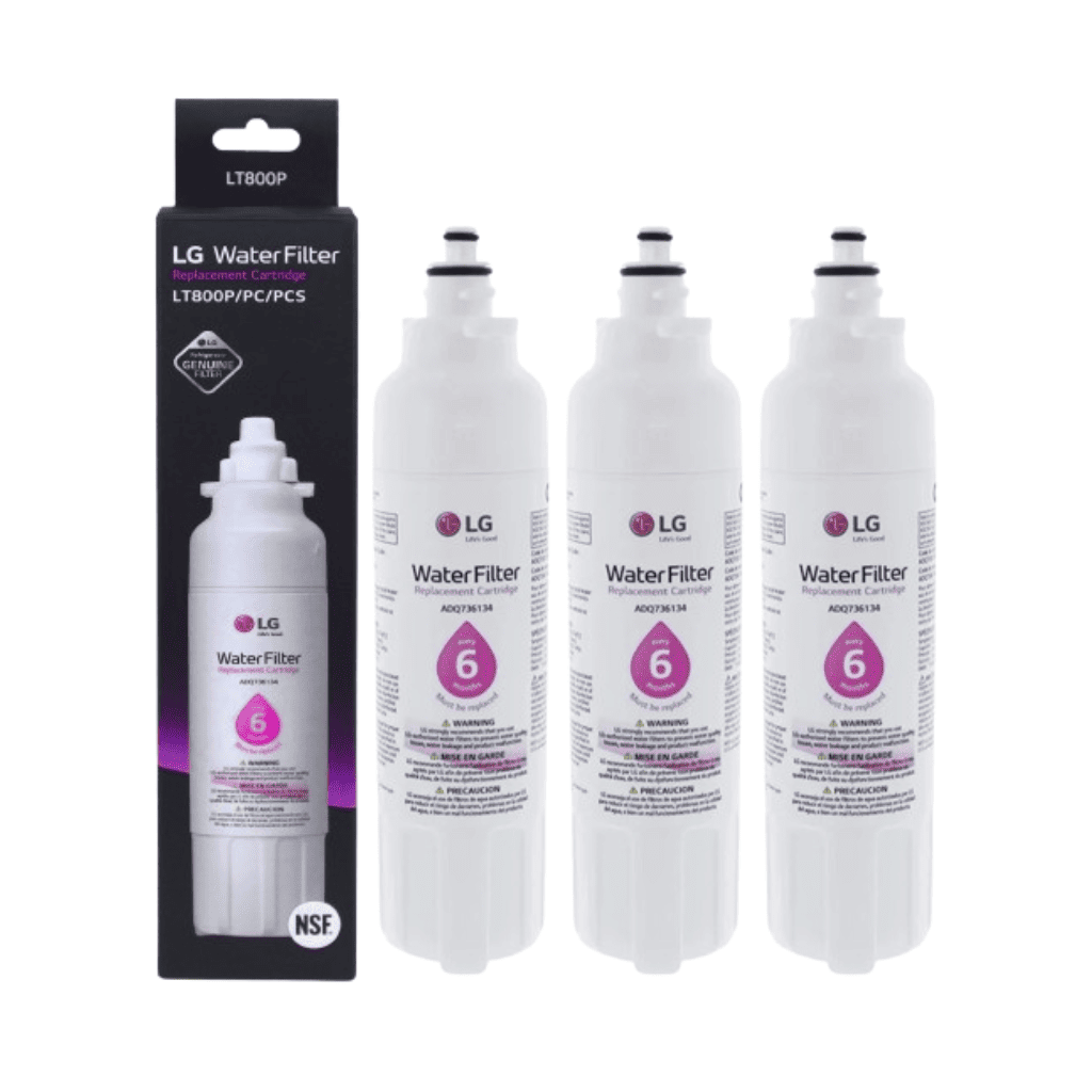 Four LG water filters with packaging on a white background