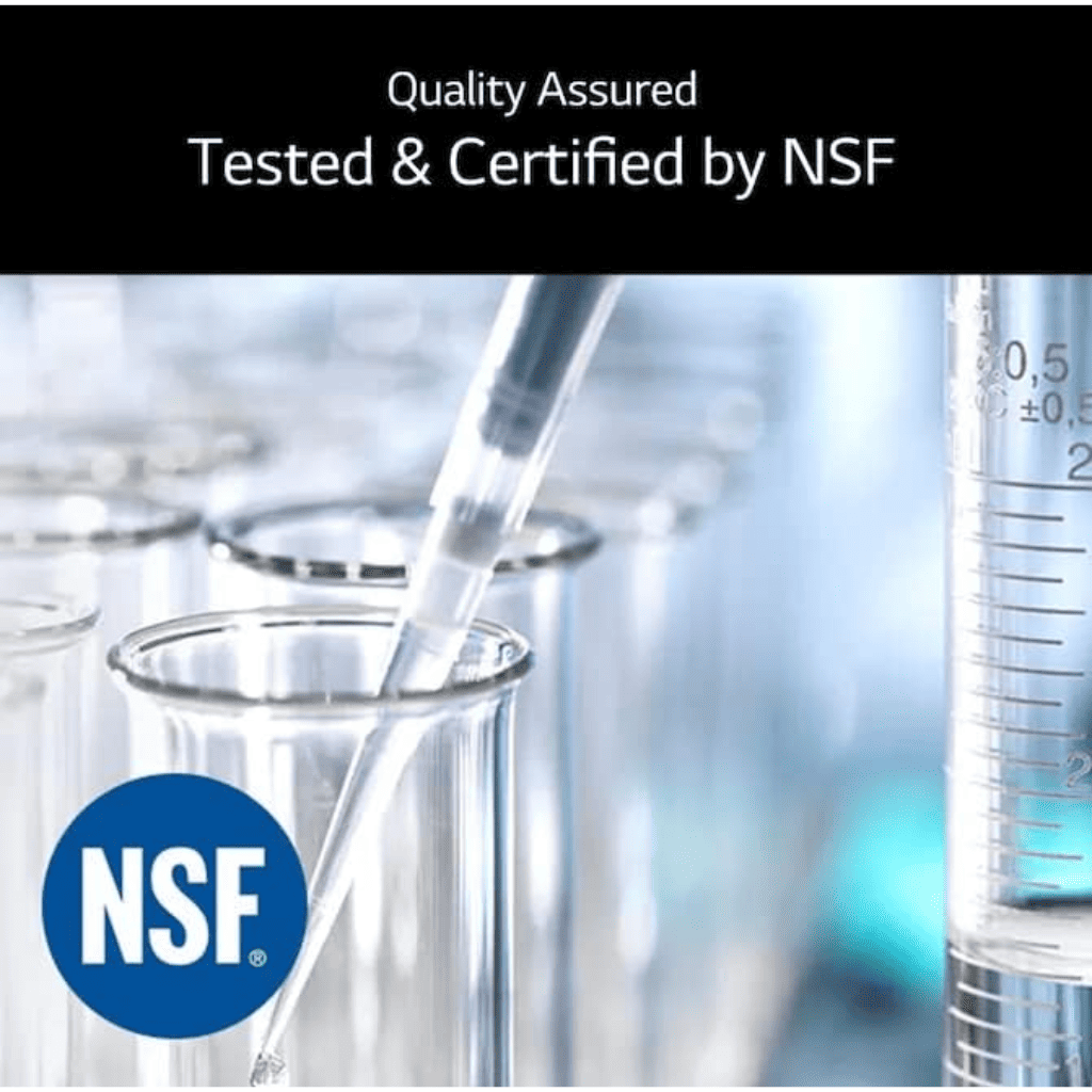 Laboratory setting with test tubes and NSF logo, indicating quality assurance and certification.