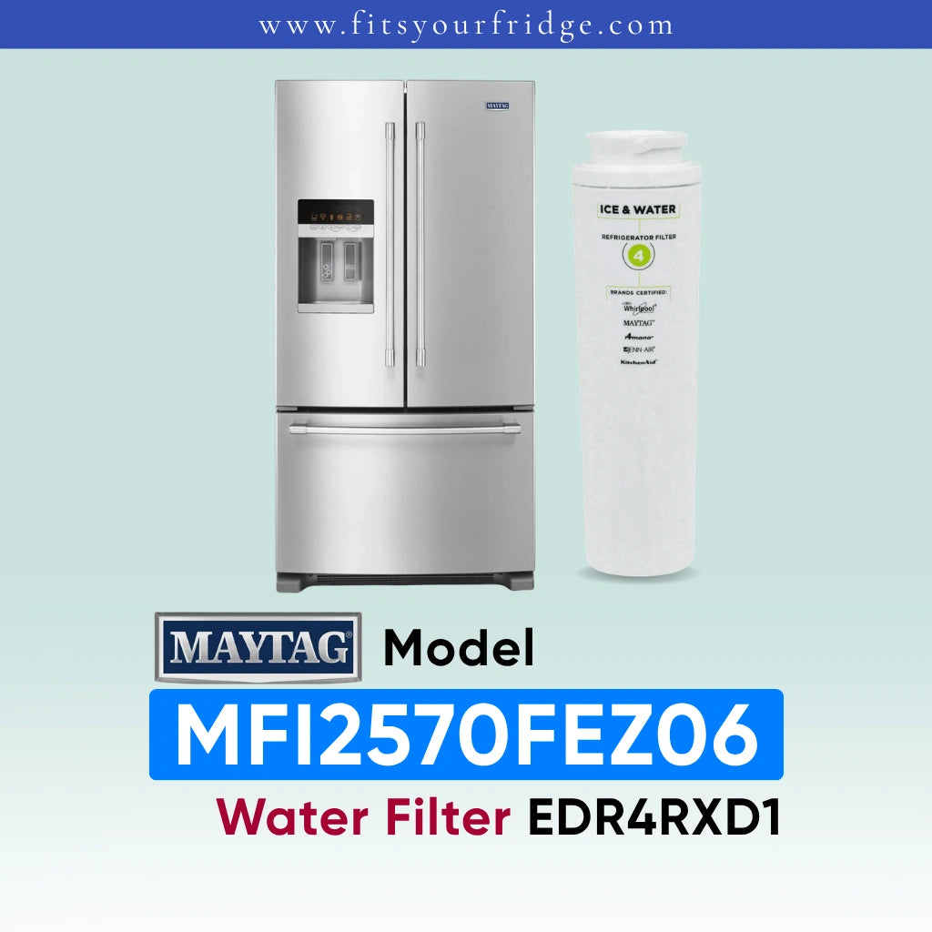 Promotional graphic for fitsyourfridge.com displaying a stainless steel Maytag french door refrigerator alongside a compatible Everydrop Water Filter 4, explicitly highlighting the Maytag refrigerator model MFI2570FEZ06 and its required replacement water filter part number EDR4RXD1.