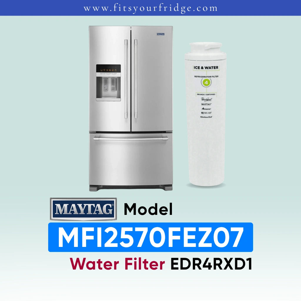Promotional graphic for fitsyourfridge.com displaying a stainless steel Maytag french door refrigerator alongside a compatible Everydrop Water Filter 4, explicitly highlighting the Maytag refrigerator model MFI2570FEZ07 and its required replacement water filter part number EDR4RXD1.