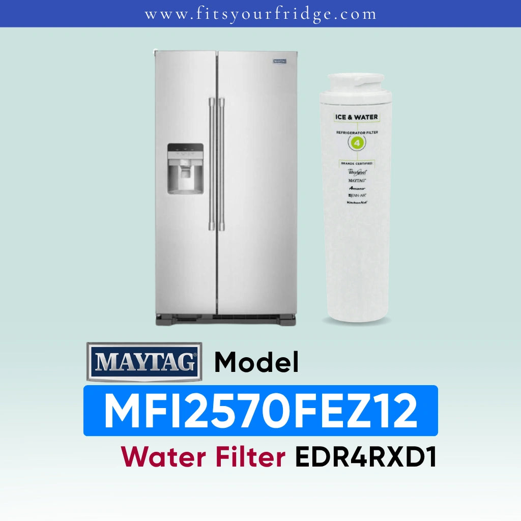 Promotional graphic for fitsyourfridge.com displaying a stainless steel Maytag side-by-side refrigerator alongside a compatible Everydrop Water Filter 4, explicitly highlighting the Maytag refrigerator model MFI2570FEZ12 and its required replacement water filter part number EDR4RXD1.