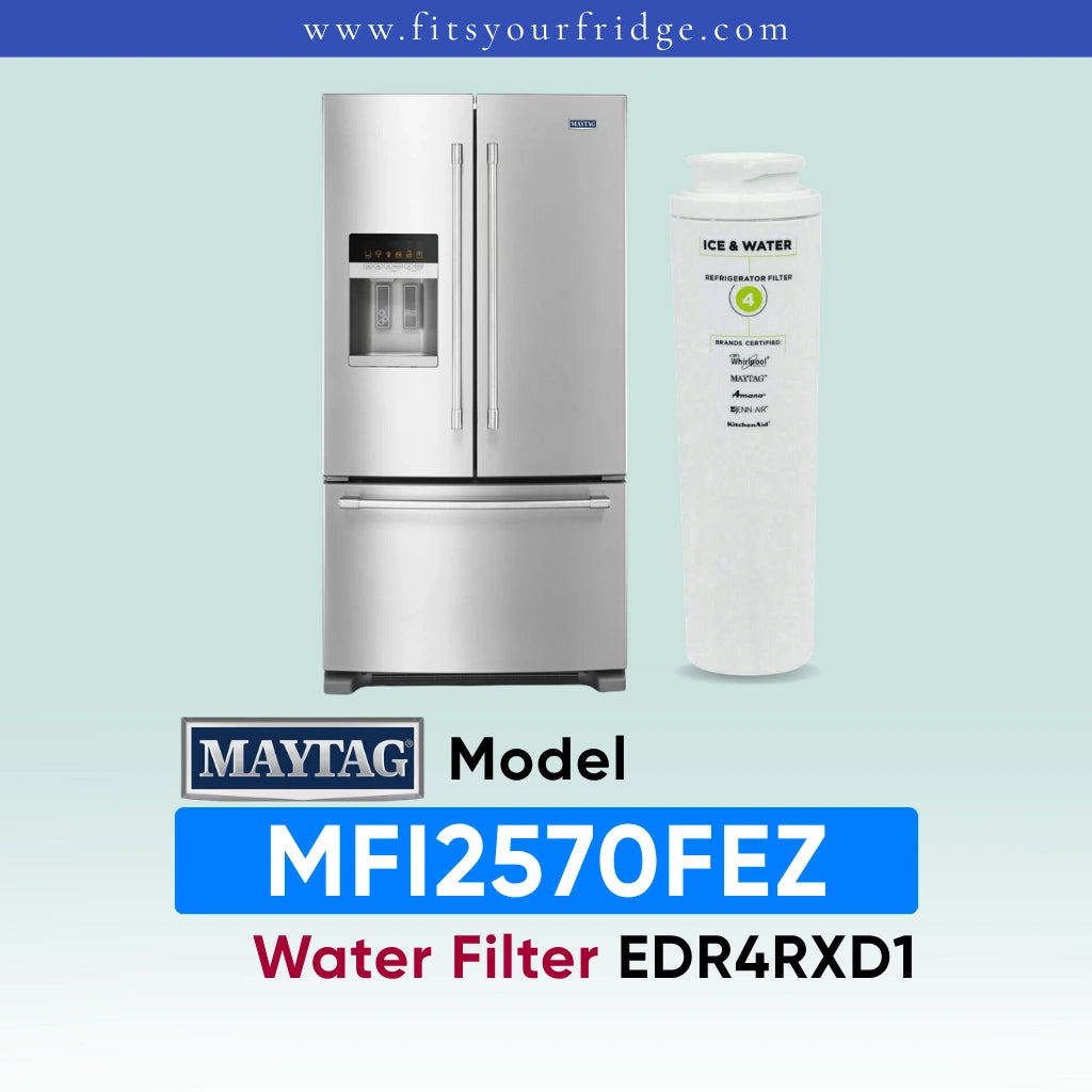 Promotional graphic for fitsyourfridge.com displaying a stainless steel Maytag refrigerator alongside a compatible Everydrop Water Filter 4, explicitly highlighting the Maytag refrigerator model MFI2570FEZ and its required replacement water filter part number EDR4RXD1.ch door