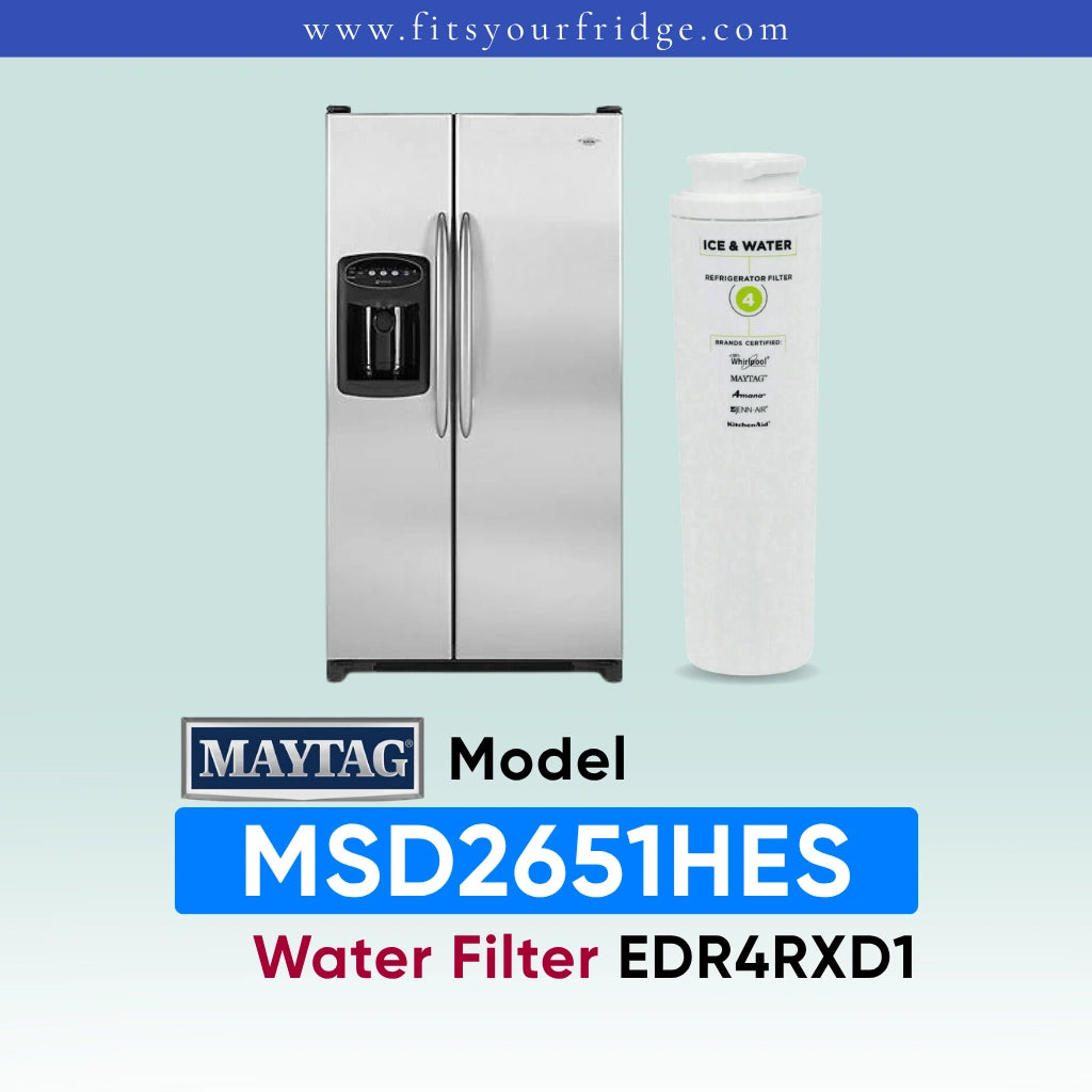 Promotional graphic for fitsyourfridge.com displaying a stainless steel Maytag side-by-side refrigerator alongside a compatible Everydrop Water Filter 4, explicitly highlighting the Maytag refrigerator model MSD2651HES and its required replacement water filter part number EDR4RXD1.