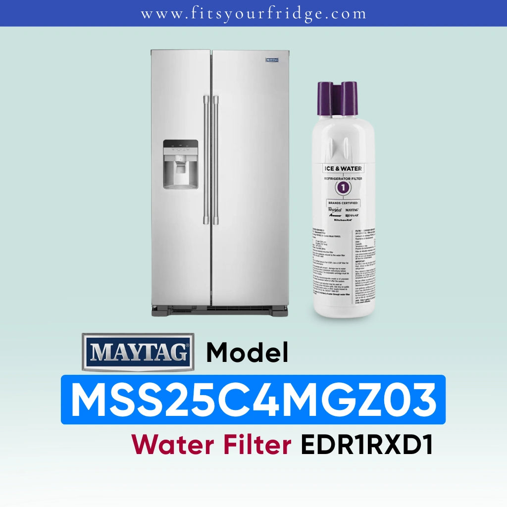Maytag stainless steel side-by-side refrigerator shown next to a white water filter canister with purple caps on a pale blue background, with text reading 'www.fitsyourfridge.
