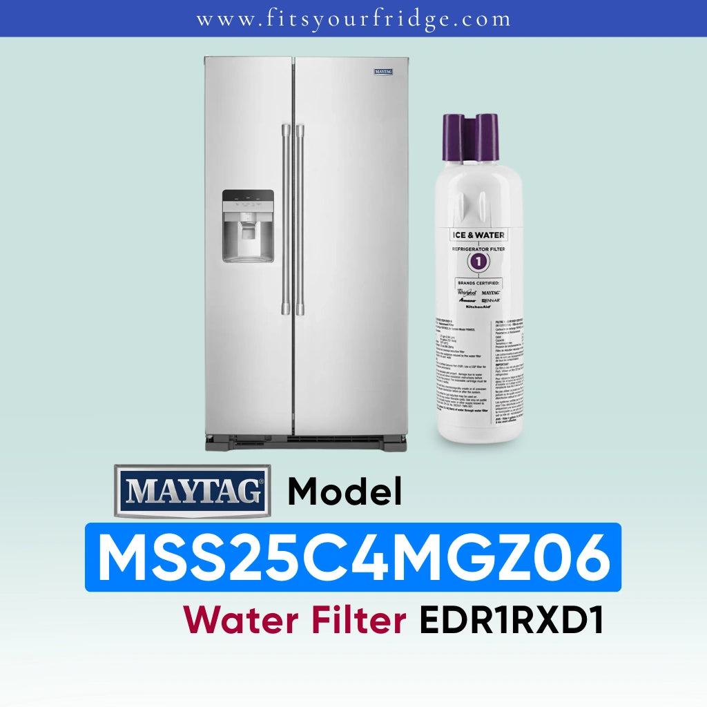 Maytag stainless steel side-by-side refrigerator shown next to a white water filter cartridge with purple caps. The image includes text overlays reading 'www.