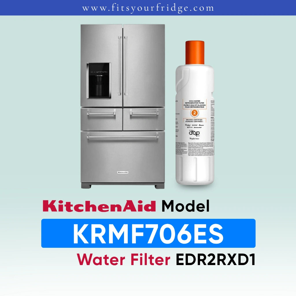 KitchenAid water filter bottle next to a stainless steel French door refrigerator, with text reading 'KitchenAid Model KRMF706ES Water Filter EDR2XRD1' on a pale blue gradient background.