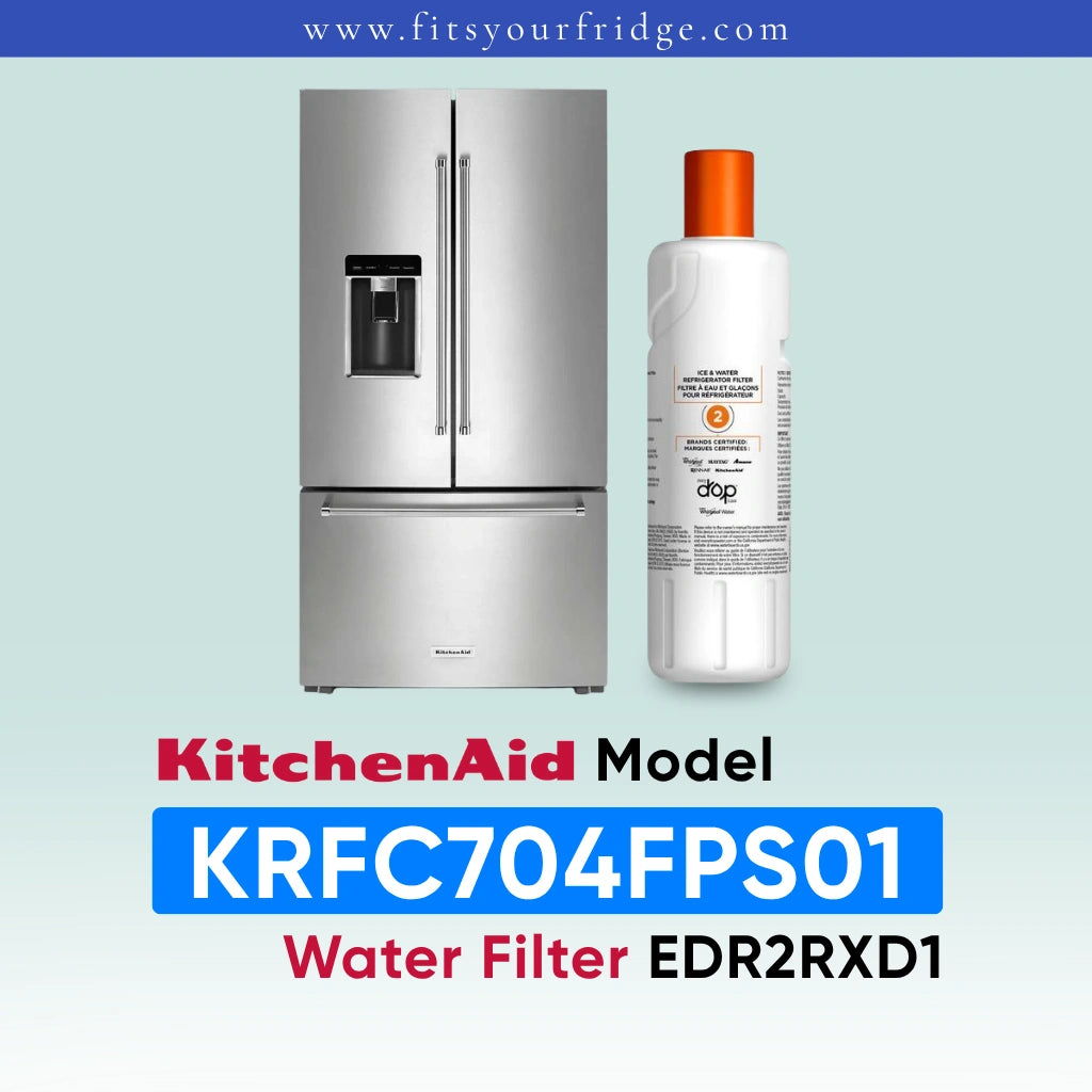 A KitchenAid water filter bottle next to a stainless steel refrigerator, with text reading 'KitchenAid Model KRFC704FP500 Water Filter EDR2RXD1' on a pale blue gradient background.