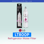 LG LT800P refrigerator water filter with packaging on a light blue background