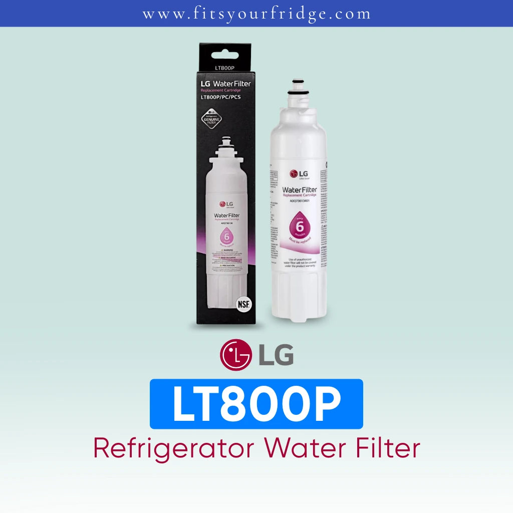 LG LT800P refrigerator water filter with packaging on a light blue background
