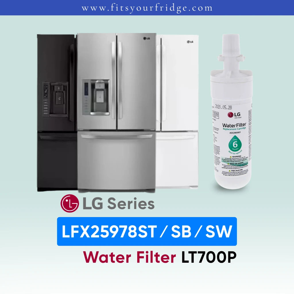 LG refrigerator models with a water filter on a light blue background