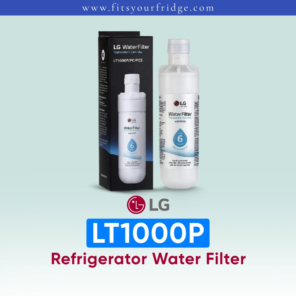 LG LT1000P refrigerator water filter with packaging on a light blue background