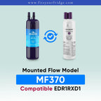 A compatibility graphic showing a dark blue Mountain Water MF370 filter on the left and a white Ice & Water replacement bottle on the right, with text reading 'Mounted Flow Model MF370 Compatible EDR1RXD1' on a pale blue gradient background.