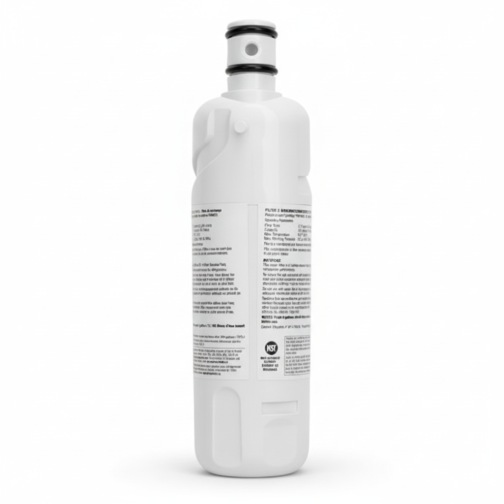 Rear view of EveryDrop refrigerator water filter showing product label and connector on white background.