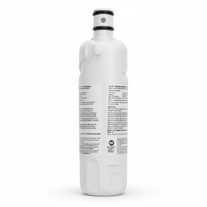 Rear view of EveryDrop refrigerator water filter showing product label and connector on white background.