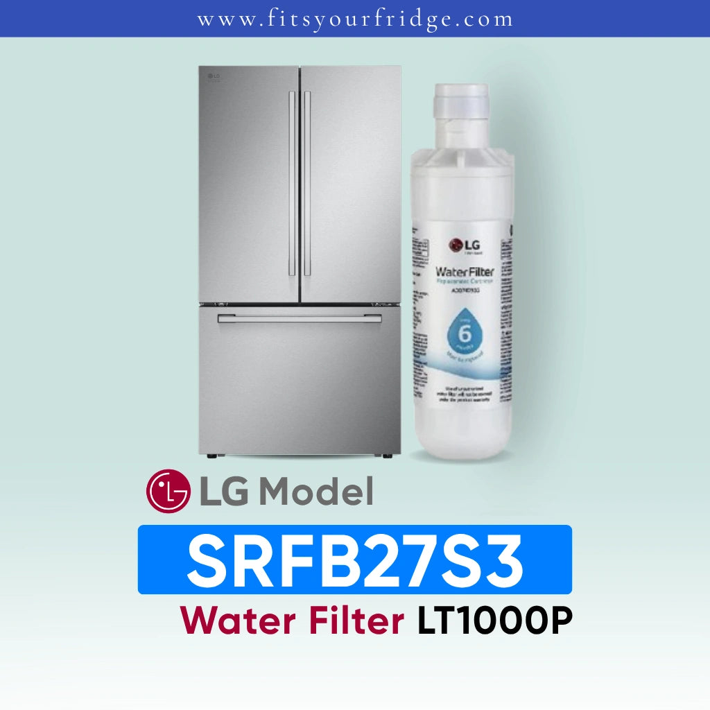 LG SRFB27S3 refrigerator with water filter bottle on a light blue background