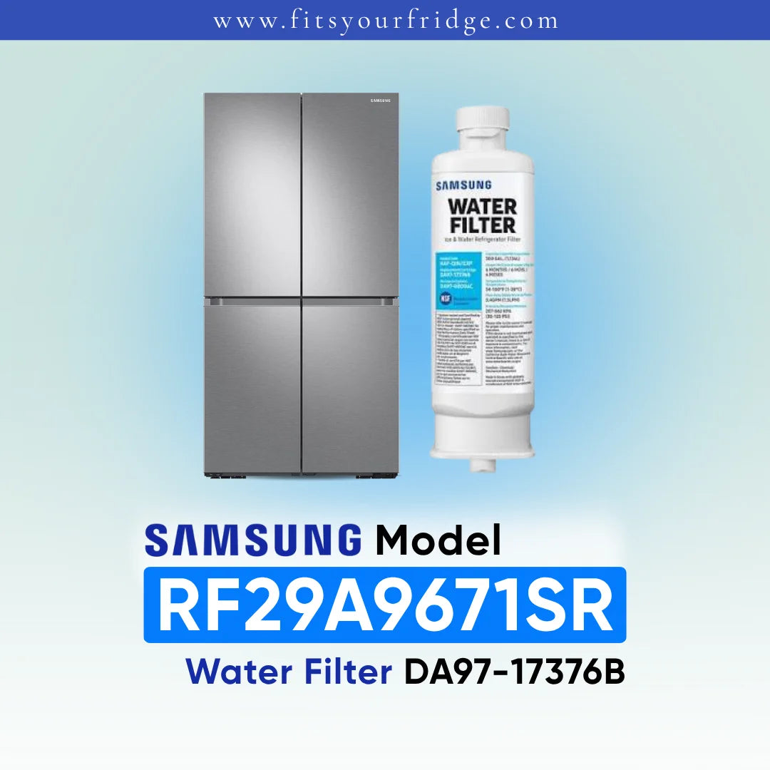 Samsung water filter cartridge shown next to a stainless steel refrigerator on a light blue gradient background, with text reading 'SAMSUNG Model RF29A9671SR Water Filter DA97-17376B' and 'www.fitsyourfridge.