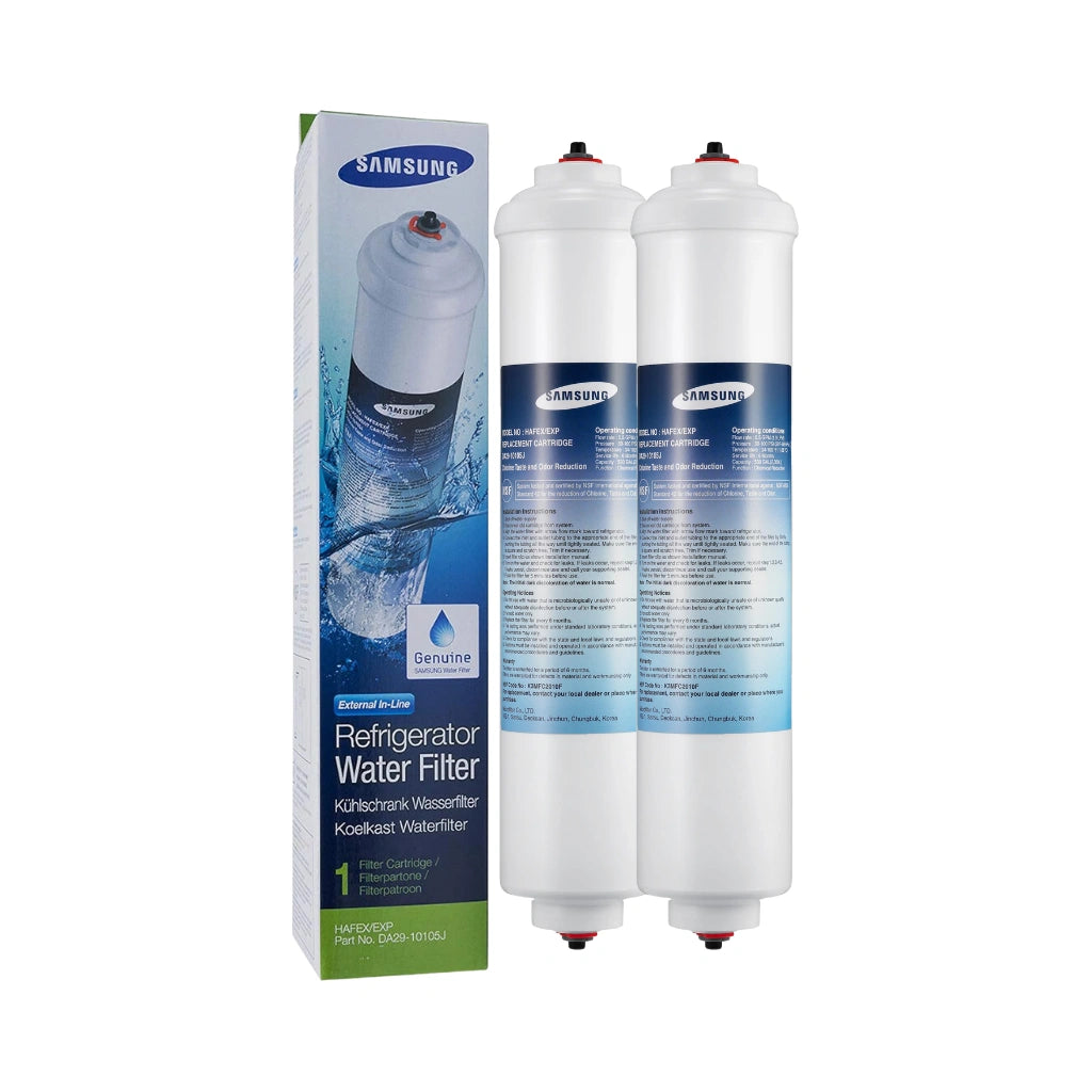 Samsung DA29-10105J refrigerator water filter 2 pack with packaging on a white background