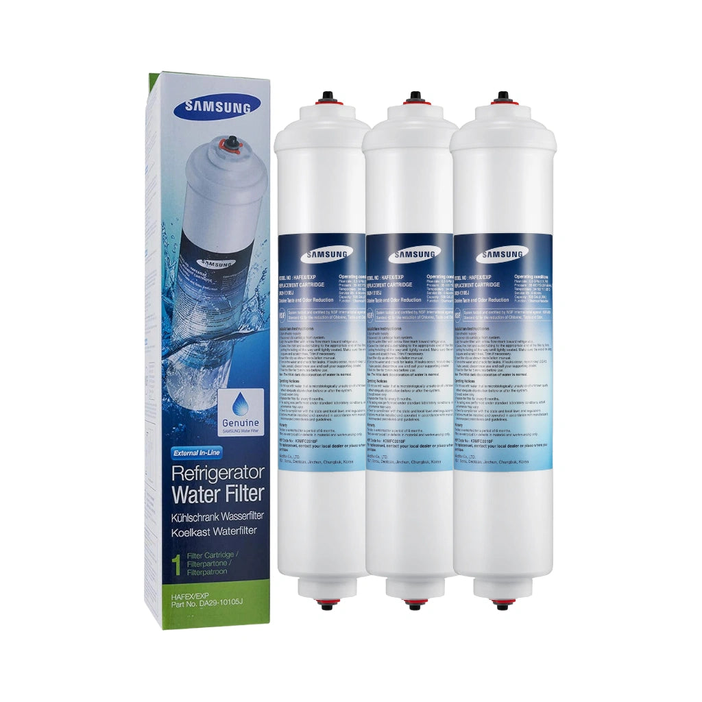 Samsung DA29-10105J refrigerator water filter 3 pack with packaging on a white background
