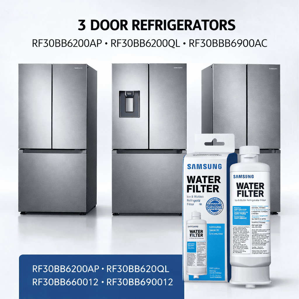 Samsung 3-door refrigerators with water filter products on a white background