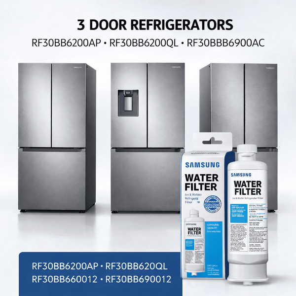Samsung 3-door refrigerators with water filter products on a white background