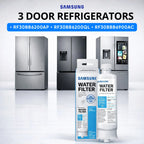 Samsung 3 door refrigerators RF30BB6200AP, RF30BB6200QL, and RF30BBB6900AC with compatible Samsung water filter cartridges and boxes are shown in front of modern Samsung French door refrigerators.