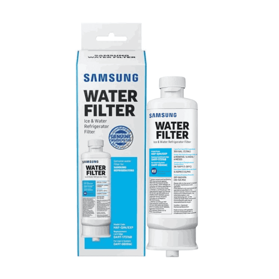Samsung water filter with packaging on a white background