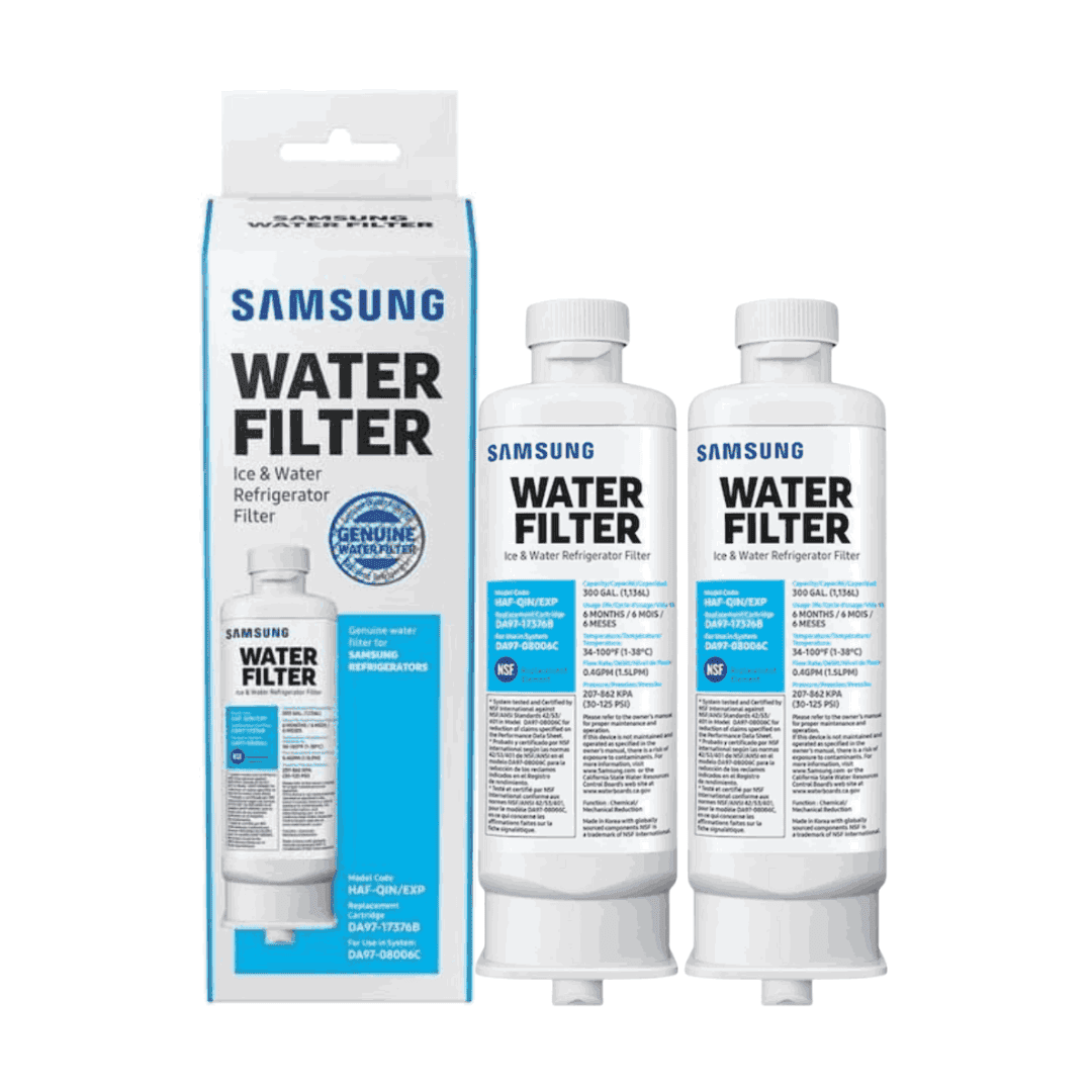 Samsung water filter with packaging on a white background