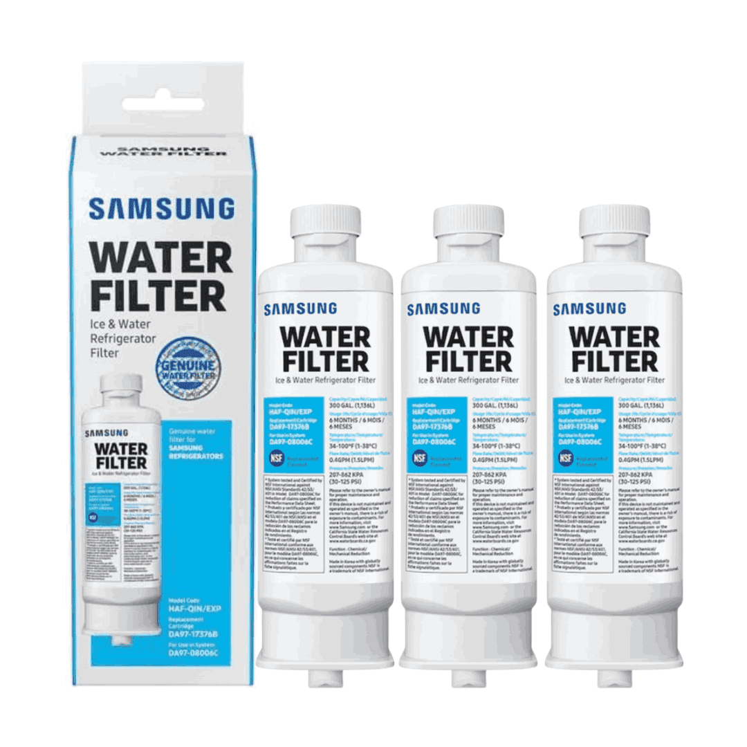 Samsung water filter packaging and filters on a white background