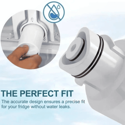 White water filter attachment with text about precise fit for refrigerator