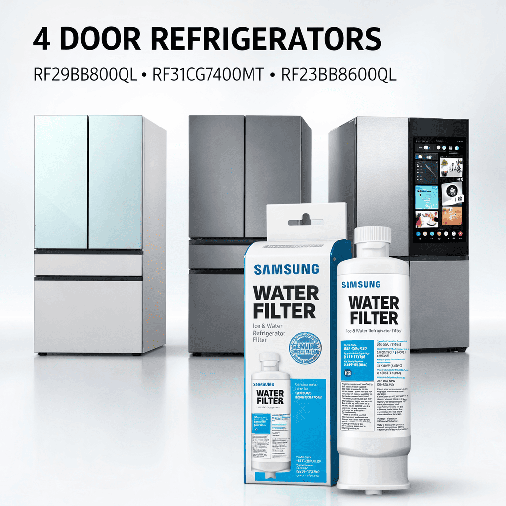 Samsung water filters and 4-door refrigerators on a white background