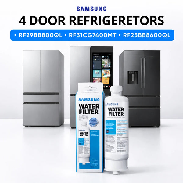 Samsung 4 door refrigerators RF29BB800QL, RF31CG7400MT, and RF23BB8600QL with compatible Samsung DA97 water filter shown with filter box and cartridge in front of modern Samsung refrigerators.
