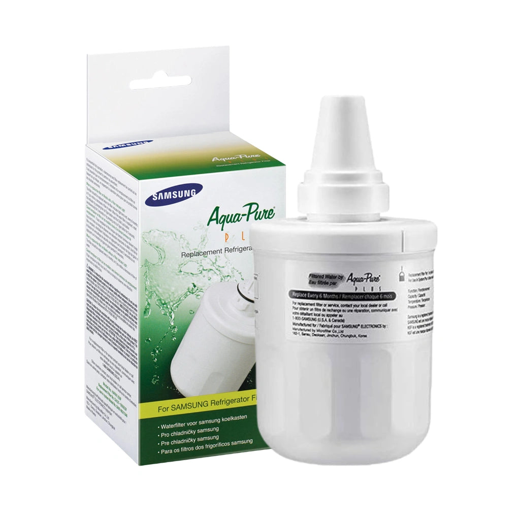 Samsung AquaPure water filter cartridge and packaging on a white background