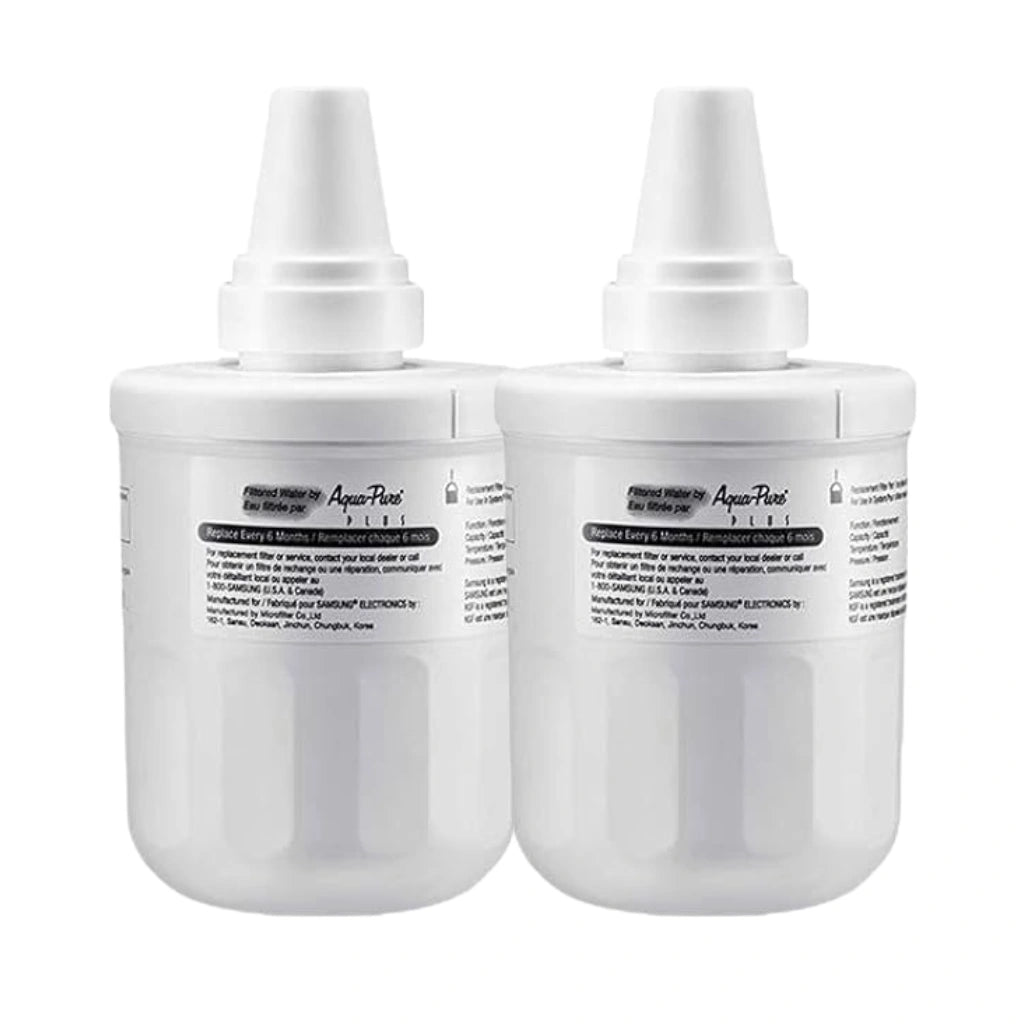 Two white bottles with labels on a white background