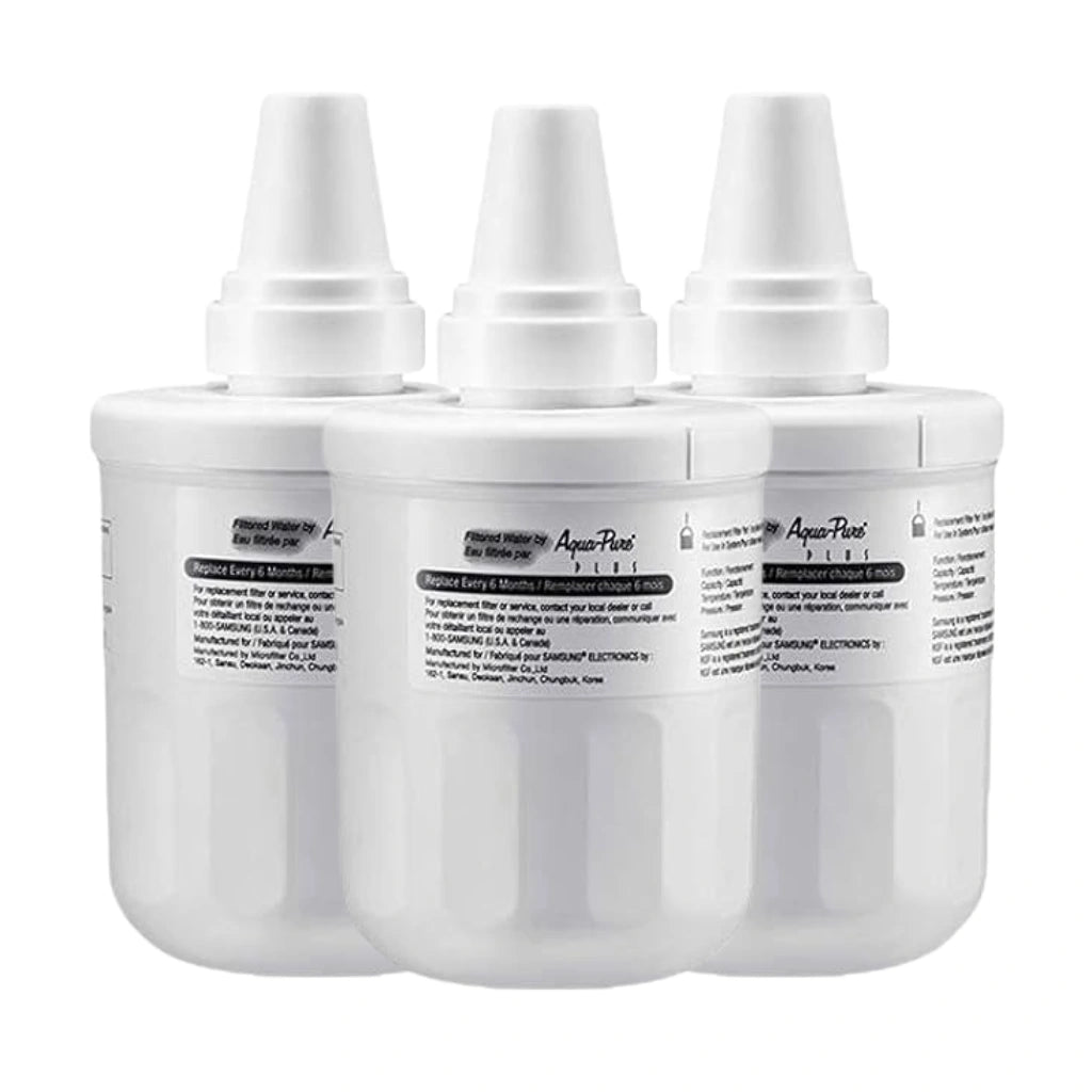 Three white bottles with labels on a white background