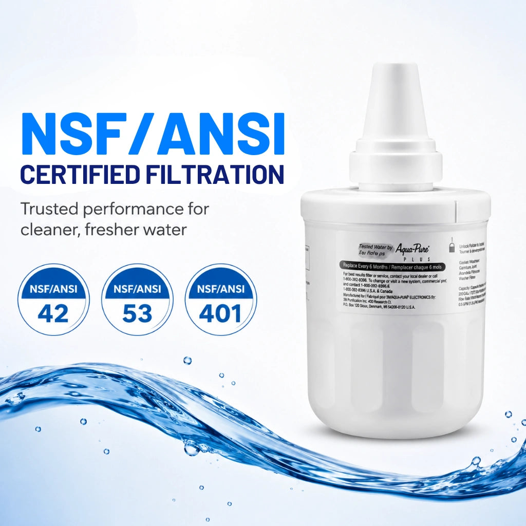 Samsung DA29-00003F refrigerator water filter with NSF/ANSI 42, 53, and 401 certified filtration for cleaner, fresher drinking water and ice from compatible Samsung refrigerators