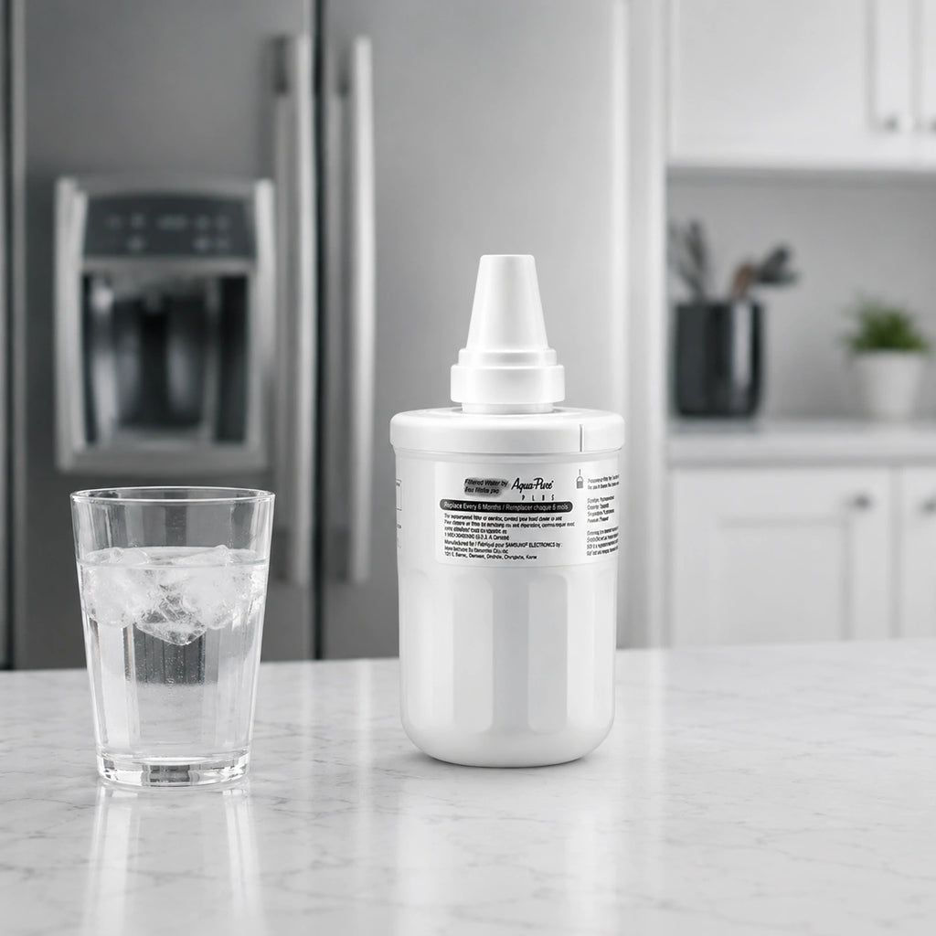 Samsung DA29-00003F refrigerator water filter displayed on kitchen counter beside a glass of ice water with modern refrigerator background for clean fresh filtered drinking water concept
