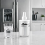 Samsung DA29-00003F refrigerator water filter displayed on kitchen counter beside a glass of ice water with modern refrigerator background for clean fresh filtered drinking water concept
