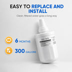 Samsung DA29-00003F refrigerator water filter replacement image highlighting easy installation, 6 month filter life, and 300 gallon filtration capacity for clean filtered refrigerator water